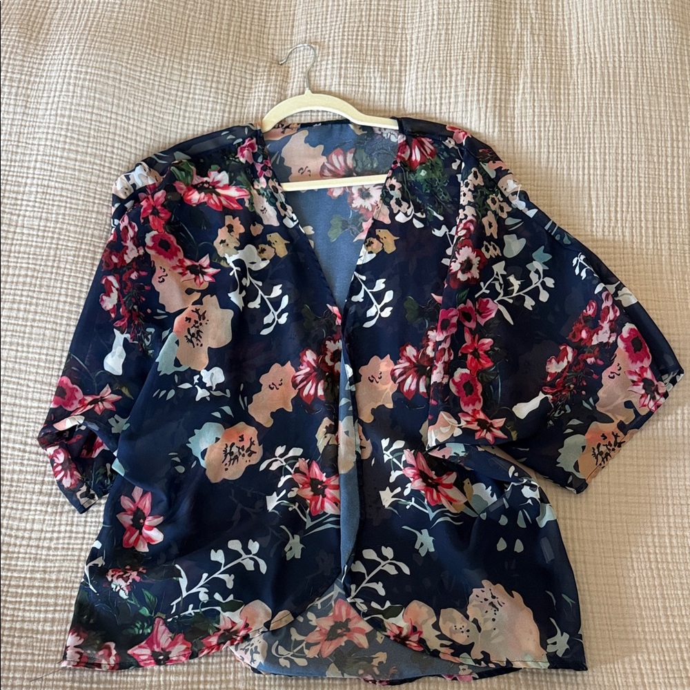 Navy Floral Open-Front Kimono